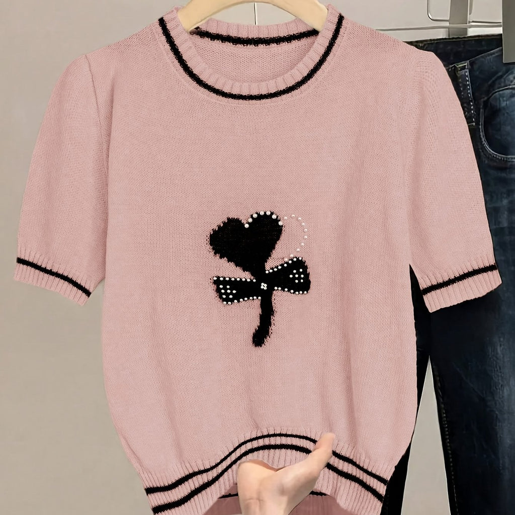 Chic Pink Knit Sweater with Bow Detail - Casual Crew Neck, Beaded Accents, Ribbed Cuffs & Hem, All-Season Women'S Fashion Top, Stylish Layering Piece | Bow Detail Top | Knitted Textur