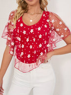 Women's Elegant Tropical Floral Print Short Sleeve T-Shirt - 100% Polyester, Lightweight 170gsm, Moderate Stretch, Spring Summer Fall Casual Top