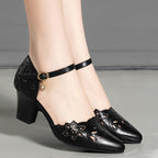 Elegant Cut-Out Women's Pumps with Crystal Embellishment, High Block Heel, Pointed Toe, Single Ankle Strap, Summer Season, Man-Made Upper, Lining & Insole, Rubber Sole