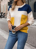 Women's Color Block Round Neck Pullover Sweater - Navy Blue & Mustard Yellow Drop Shoulder Long Sleeve Top, Machine Washable Spring\u002FFall Casual Elegant Sweater, Cute Sweaters, Spring Fall Apparel, Comfortable Knitwear