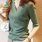 Elegant V-Neck Top for Women - Chic Half Sleeve Sweater Blouse with Fake Buttons, Ribbed Texture, Perfect for Spring\u002FSummer Casual Wear, Elegant Attire | Stylish Ribbed | Construction