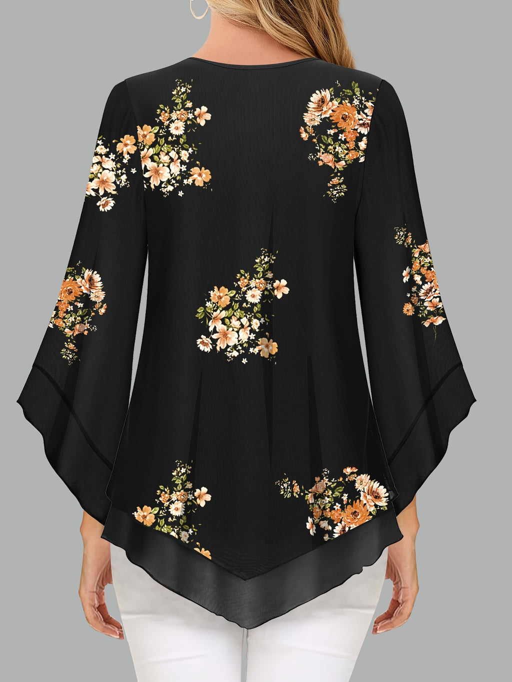 Women's Floral Print V-Neck Blouse with 3\u002F4 Flared Sleeves - Double-Layer Elastic Mesh, Loose Fit Flowy Tunic Top for Casual & Work, Spring\u002FSummer Semi-Sheer Shirt, Ladies Blouses