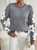 Floral Pattern Round Neck Sweater, Cute Drop Shoulder Long Sleeve Sweater For Fall & Winter, Women's Clothing