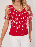 Women's Elegant Tropical Floral Print Short Sleeve T-Shirt - 100% Polyester, Lightweight 170gsm, Moderate Stretch, Spring Summer Fall Casual Top