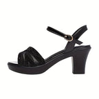 Women's Black Rhinestone-Embellished Chunky Heel Sandals - Breathable Mesh & Synthetic Cover Open-Toe Dress Shoes with Buckle Closure, Comfortable Mid-Heel for Casual, Office & Party Wear, High Heel Sandals