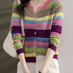 Lightweight, Women'S Long Sleeve Knit Cardigan - Vibrant Rainbow Striped Design, Button-Up, Casual Beach Vacation Style, Spring\u002FSummer Collection, Loose Fit, Polyester Blend, Casual Wear | Vibrant Striped Pattern | Knit Construction, Beach Clothes