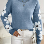 Floral Pattern Round Neck Sweater, Cute Drop Shoulder Long Sleeve Sweater For Fall & Winter, Women's Clothing
