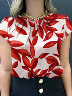 Women'S Casual Blue Floral Print Short Sleeve Blouse - Ruched Bust, Crew Neck, Relaxed Fit for Spring\u002FSummer, Weekend Attire, Casual Wear|Floral Print Top|Ruched Detailing