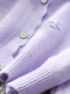 Women's Fashion Knit Cardigan, Round Neck, Embellished 3D Floral, Long Sleeve, Wavy Hem, Solid Color, Polyester, Regular Length, Button Detail, Elegant Style, Autumn\u002FWinter Season