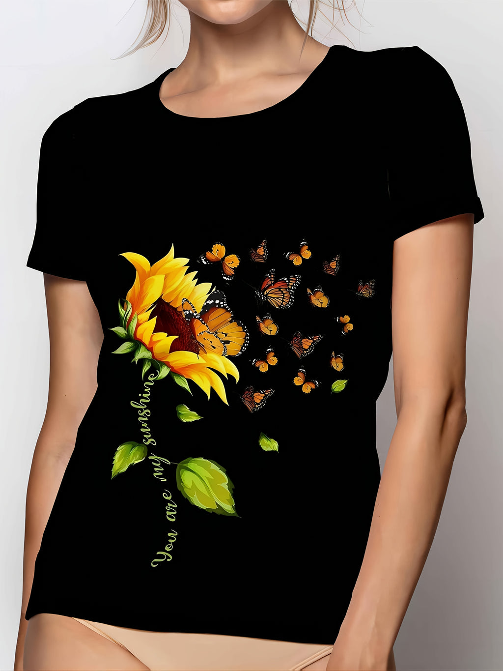 Women's Black Sunflower & Butterfly Print Round Neck T-Shirt - Vibrant Floral Design, Soft Breathable Fabric, Casual Versatile Top for Spring Summer Fall, Machine Washable, Sunflower Tshirt