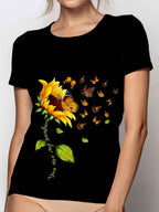 Women's Black Sunflower & Butterfly Print Round Neck T-Shirt - Vibrant Floral Design, Soft Breathable Fabric, Casual Versatile Top for Spring Summer Fall, Machine Washable, Sunflower Tshirt