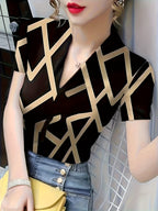 Women's V-Neck Short Sleeve T-Shirt - Slim Fit High Elasticity Ice Silky Polyester-Spandex Blend, Geometric Print Black & Golden Summer Top for Casual & Formal Wear, Ladies T Shirts