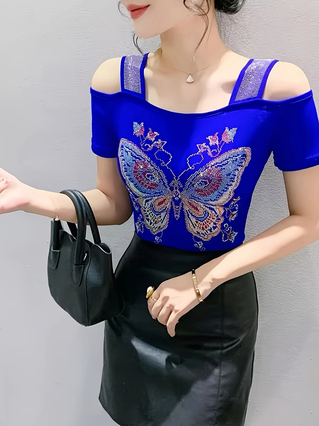 Elegant Off-Shoulder Butterfly Rhinestone Top - High Stretch Mesh, Short Sleeve, Double Layer Design, Vibrant Floral & Butterfly Pattern, Women's Fashion for Summer