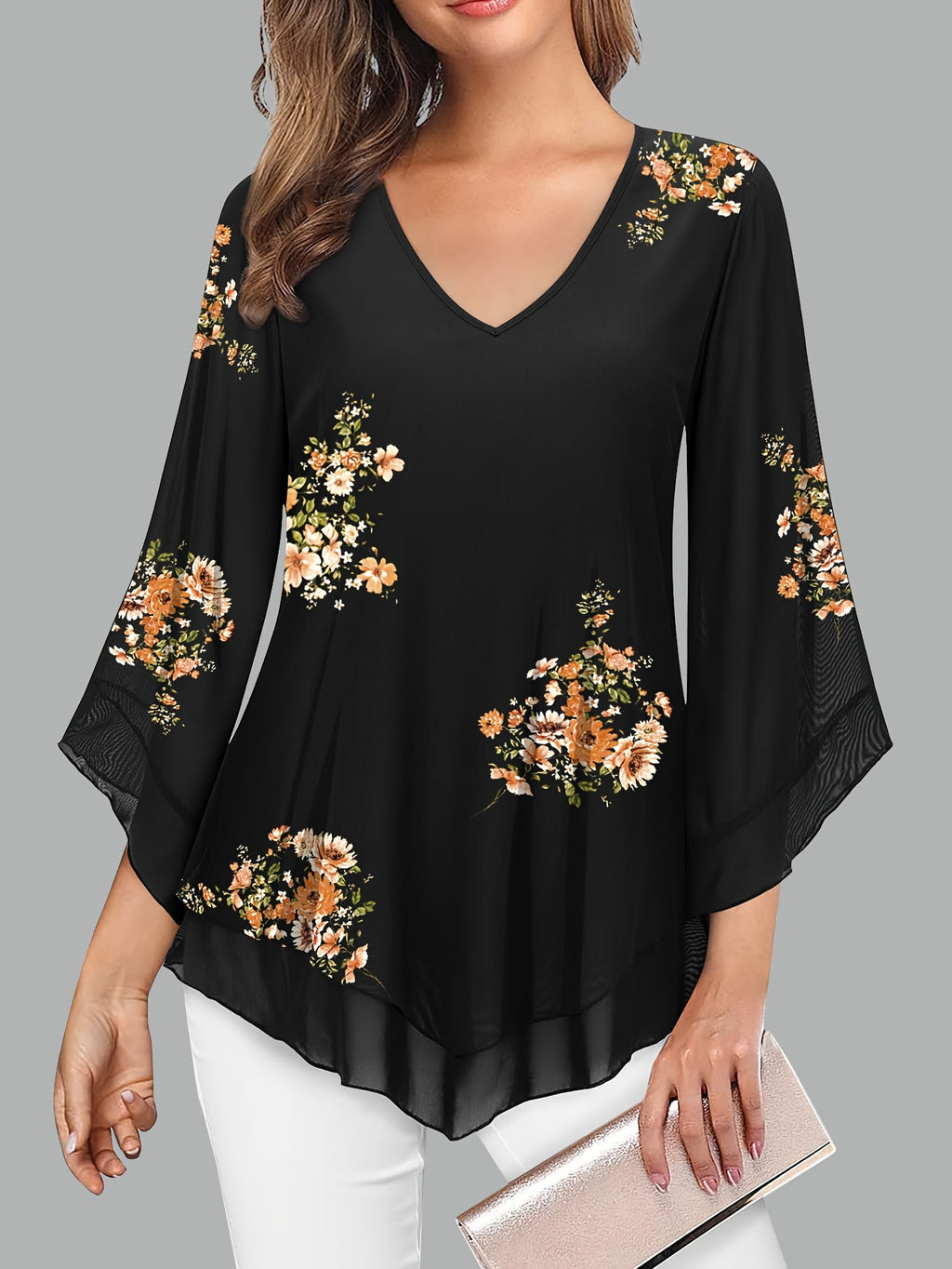 Women's Floral Print V-Neck Blouse with 3\u002F4 Flared Sleeves - Double-Layer Elastic Mesh, Loose Fit Flowy Tunic Top for Casual & Work, Spring\u002FSummer Semi-Sheer Shirt, Ladies Blouses