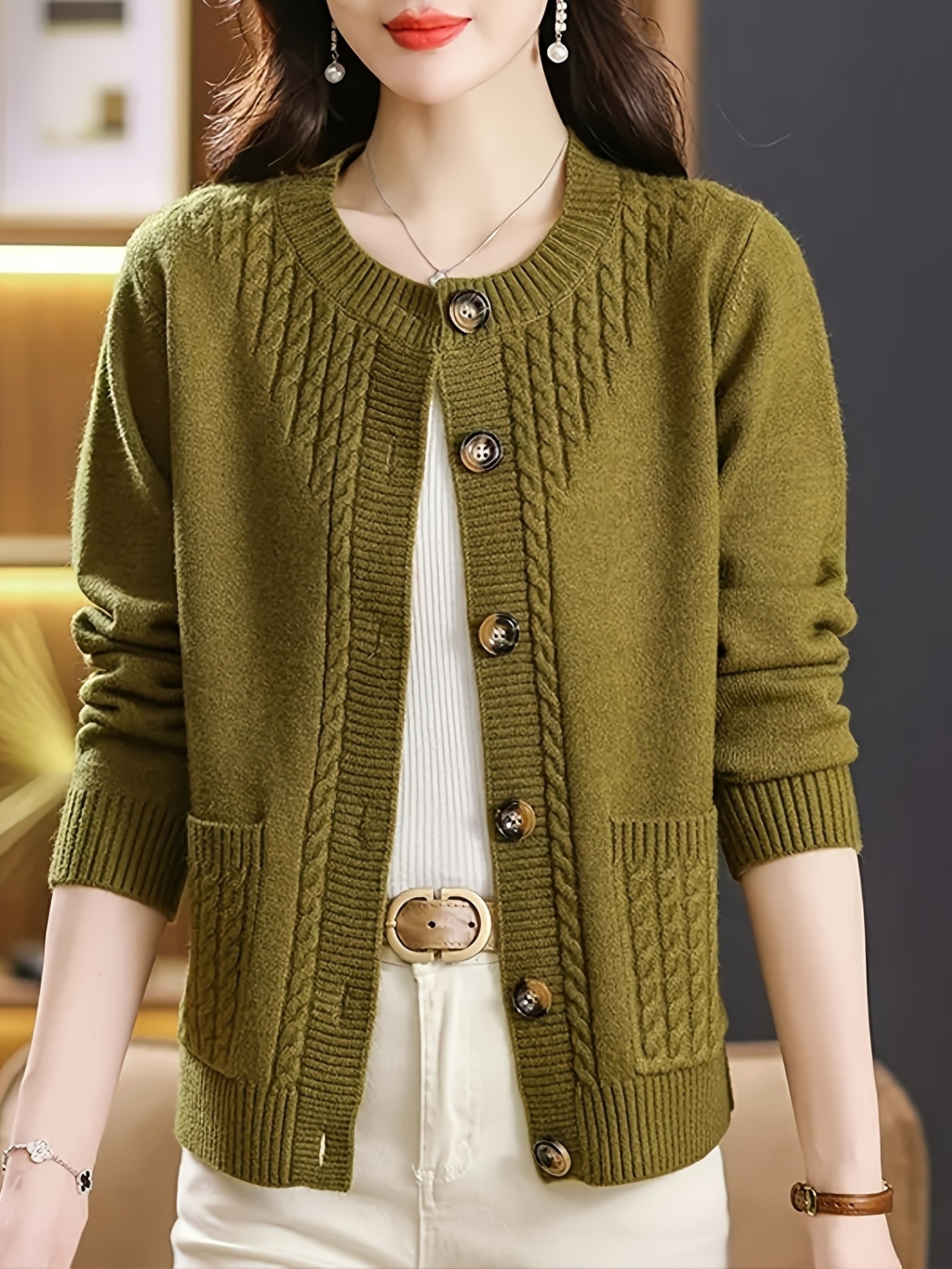 New Spring Collection for Women: a Loose-Fitting, Versatile Cardigan with a Round Neck, Solid Color, And Unique Design, Featuring Long Sleeves.