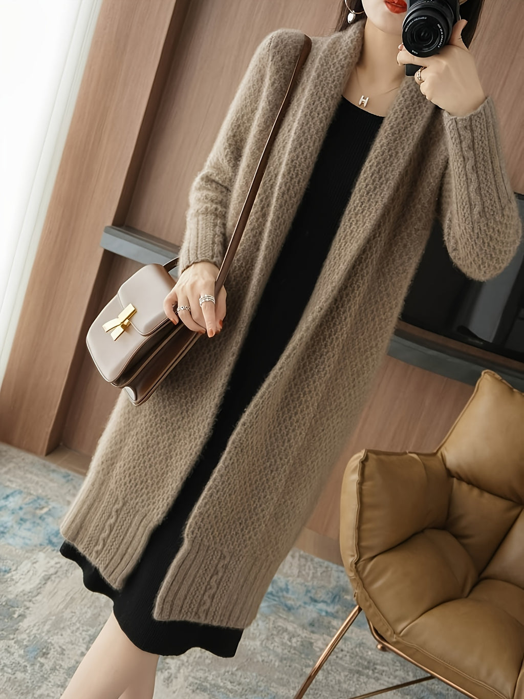Elegant Long Cardigan Sweater for Women - Autumn\u002FWinter Knitted Fabric, Solid Color, Long Sleeve, Over-the-Knee, Acrylic Material, Reversible Collar Design