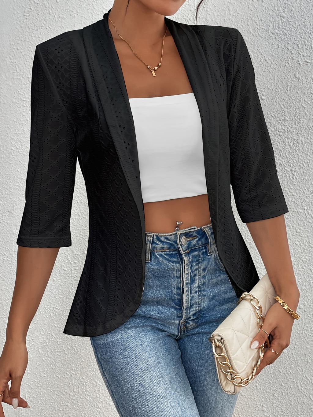 Women's Elegant Open-Front Cardigan - Solid White, Half Sleeve, Eyelet Embroidery, Lightweight Knit, Spring\u002FFall Fashion Jacket, Lightweight Cardigan