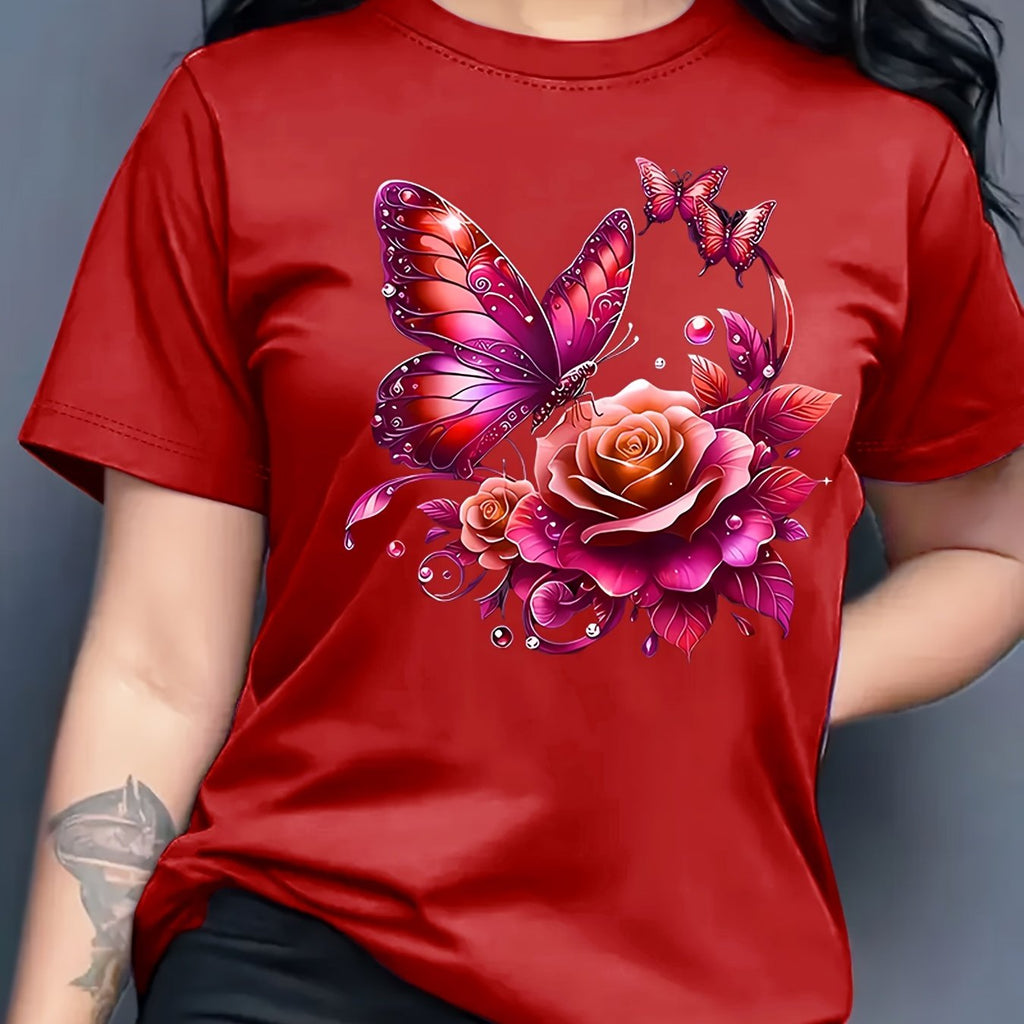 Women'S Casual Crew Neck T-Shirt with Purple Rose and Butterfly Graphic Print, Short Sleeve Regular Length Top for Spring and Summer, Ideal Birthday or Holiday Gift, Ladies T Shirts