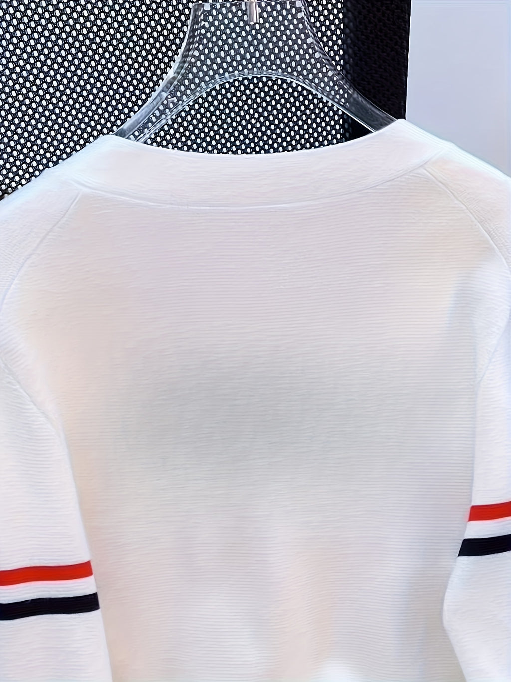 Women's Ice Silky Fiber V-Neck Cardigan - White with Red & Blue Striped Cuffs, Lightweight Long Sleeve Button-Front Spring\u002FFall Layering, Machine Washable Office to Casual Chic