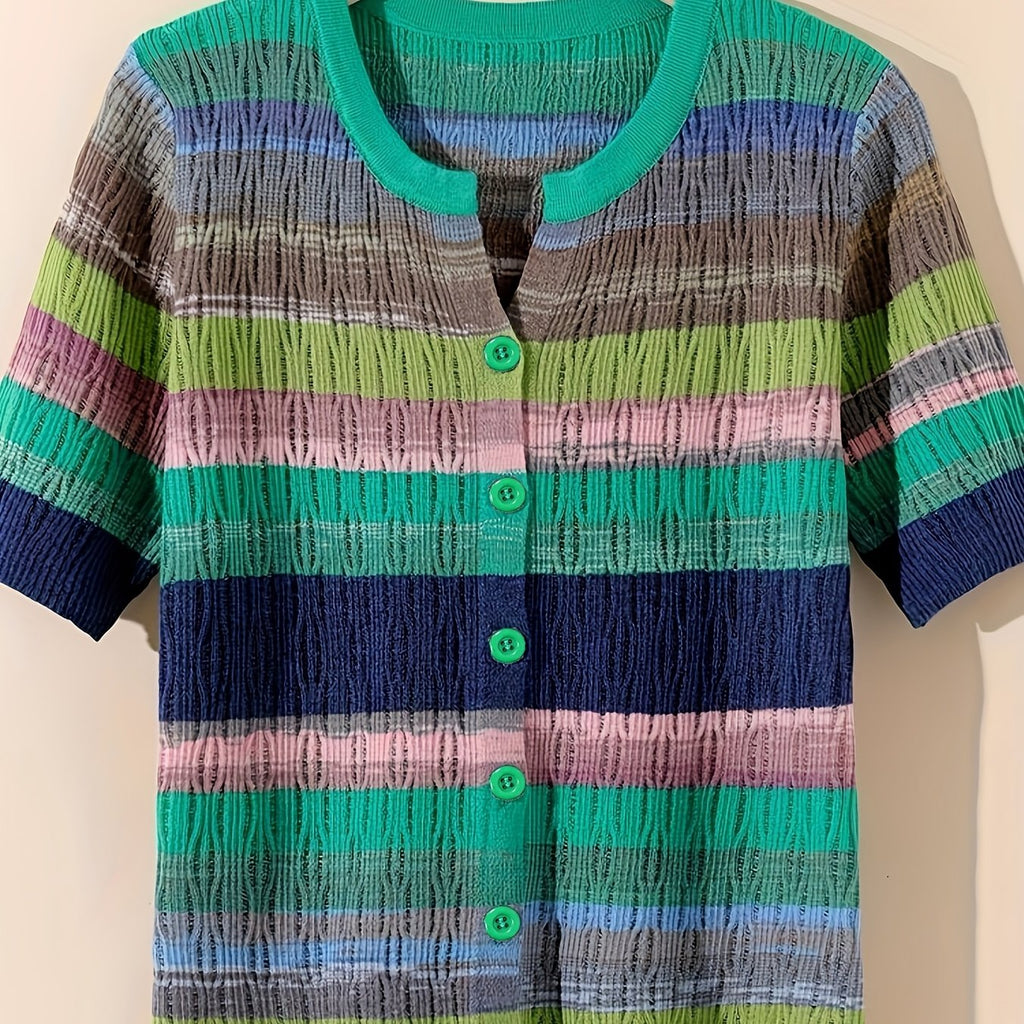 Women'S Casual Rainbow Striped Short Sleeve Cardigan - Comfortable Polyester Knit, Breathable & Stylish, Round Neck, Summer Top, Casual Summer Top|Striped Cardigan|Knit Construction, Ladies Cardigan