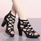 Women'S Stylish Black Lace-Up High Heels with Crisscross Ankle Straps - Comfortable PU Cover Chunky Heel Sandals for All Seasons, Open Toe Design, Perfect for Casual or Formal Occasions, High Heel Sandals