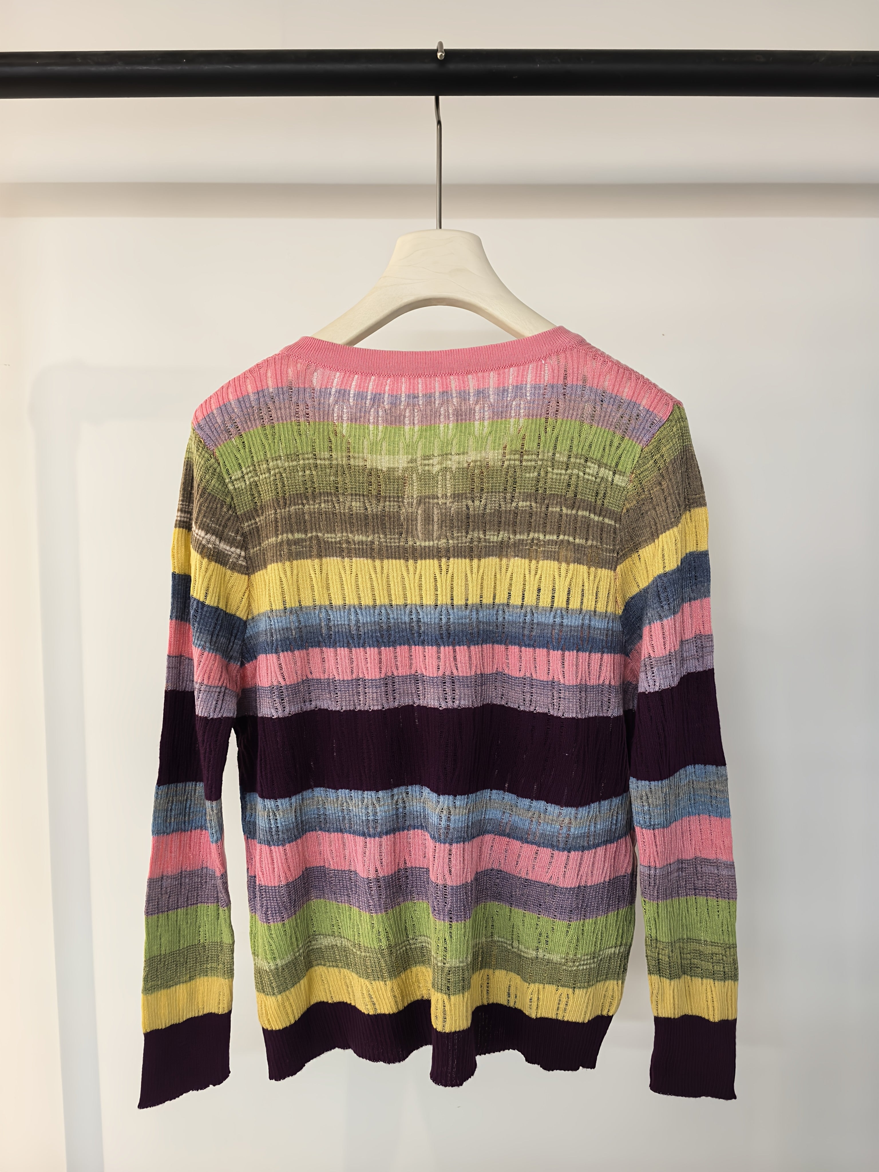 Lightweight, Women'S Long Sleeve Knit Cardigan - Vibrant Rainbow Striped Design, Button-Up, Casual Beach Vacation Style, Spring\u002FSummer Collection, Loose Fit, Polyester Blend, Casual Wear | Vibrant Striped Pattern | Knit Construction, Beach Clothes