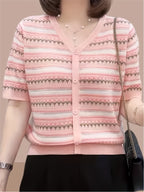 Women'S Pink & White Striped V-Neck Knit Cardigan with Decorative Buttons, Short Sleeve, Asymmetrical Hem, Casual Summer Crochet Top for Spring\u002FSummer, Cute Knit Cardiga