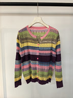 Lightweight, Women'S Long Sleeve Knit Cardigan - Vibrant Rainbow Striped Design, Button-Up, Casual Beach Vacation Style, Spring\u002FSummer Collection, Loose Fit, Polyester Blend, Casual Wear | Vibrant Striped Pattern | Knit Construction, Beach Clothes