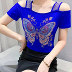 Elegant Off-Shoulder Butterfly Rhinestone Top - High Stretch Mesh, Short Sleeve, Double Layer Design, Vibrant Floral & Butterfly Pattern, Women's Fashion for Summer