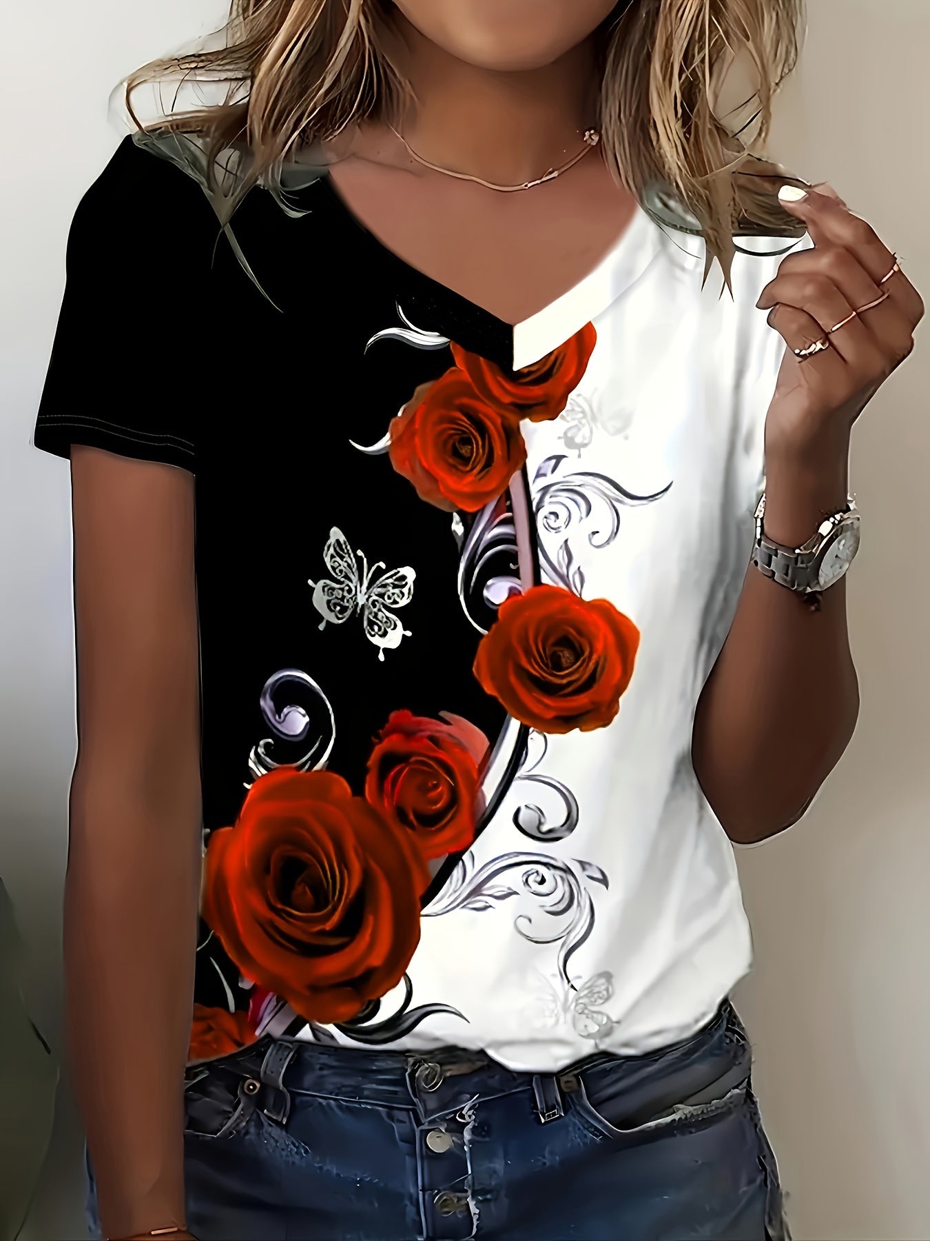 Roses Print V Neck T-Shirt, Elegant Color Block Short Sleeve T-Shirt For Summer, Women's Clothing