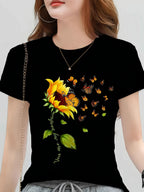 Women's Black Sunflower & Butterfly Print Round Neck T-Shirt - Vibrant Floral Design, Soft Breathable Fabric, Casual Versatile Top for Spring Summer Fall, Machine Washable, Sunflower Tshirt