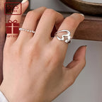 1pc 925 Pure Silvery Adjustable Ring with Hollow Heart Opening Ring Wall Niche Design Jewelry Decoration