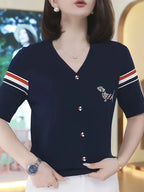 2025 New Summer Color Block Stripe Ice Sliky Fiber Fabric Sweater, Stylish and Versatile Women's Casual Top