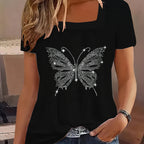 Stylish Women's Square Neck Shiny Rhinestone T-Shirt with Large Butterfly Appliqu¨¦, Trendy and Elegant Blouse for Ladies