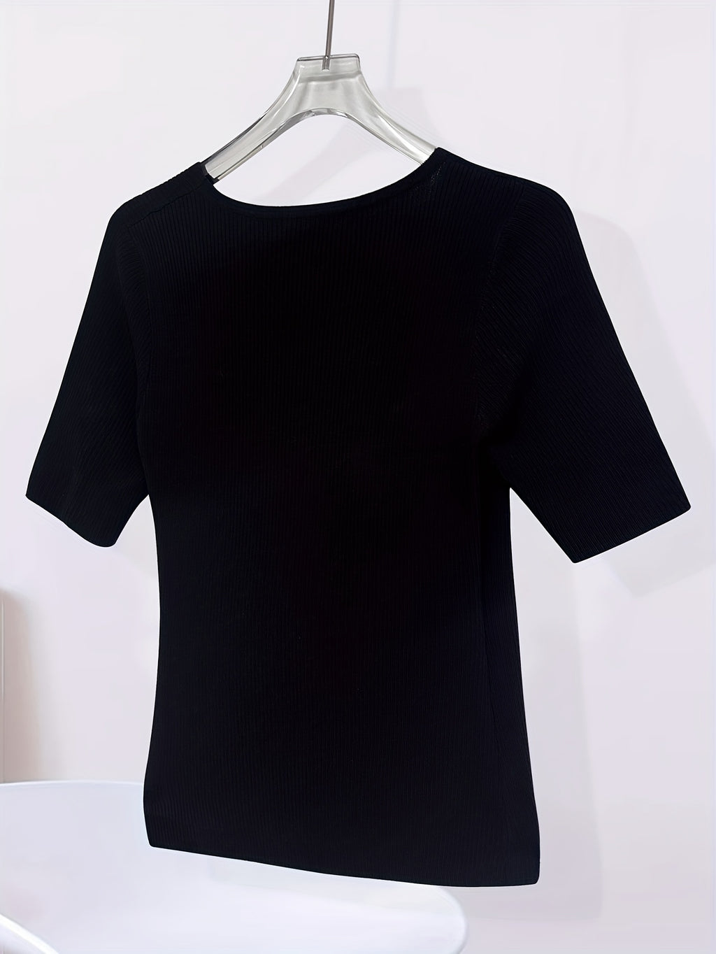 Elegant V-Neck Top for Women - Chic Half Sleeve Sweater Blouse with Fake Buttons, Ribbed Texture, Perfect for Spring\u002FSummer Casual Wear, Elegant Attire | Stylish Ribbed | Construction