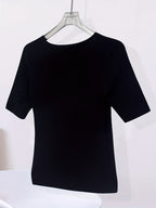 Elegant V-Neck Top for Women - Chic Half Sleeve Sweater Blouse with Fake Buttons, Ribbed Texture, Perfect for Spring\u002FSummer Casual Wear, Elegant Attire | Stylish Ribbed | Construction