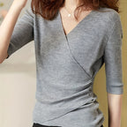 Elegant V-Neck Top for Women - Chic Half Sleeve Sweater Blouse with Fake Buttons, Ribbed Texture, Perfect for Spring\u002FSummer Casual Wear, Elegant Attire | Stylish Ribbed | Construction