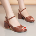 Women's Brown Faux Cover Chunky Heel Sandals - Open Toe, Ankle Strap, Buckle Closure, Stylish Summer Shoes for Casual or Dressy Outfits, Durable Pu Sole, High Heel Sandals