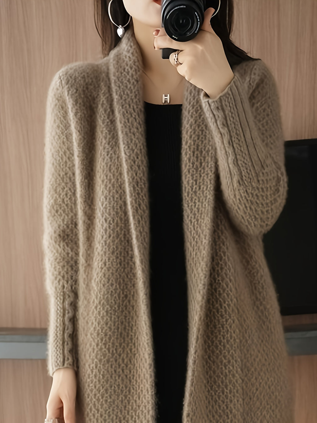 Elegant Long Cardigan Sweater for Women - Autumn\u002FWinter Knitted Fabric, Solid Color, Long Sleeve, Over-the-Knee, Acrylic Material, Reversible Collar Design