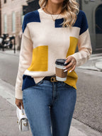 Women's Color Block Round Neck Pullover Sweater - Navy Blue & Mustard Yellow Drop Shoulder Long Sleeve Top, Machine Washable Spring\u002FFall Casual Elegant Sweater, Cute Sweaters, Spring Fall Apparel, Comfortable Knitwear