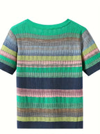 Women'S Casual Rainbow Striped Short Sleeve Cardigan - Comfortable Polyester Knit, Breathable & Stylish, Round Neck, Summer Top, Casual Summer Top|Striped Cardigan|Knit Construction, Ladies Cardigan