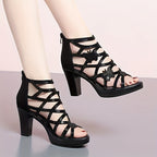 Women'S Stylish Black Lace-Up High Heels with Crisscross Ankle Straps - Comfortable PU Cover Chunky Heel Sandals for All Seasons, Open Toe Design, Perfect for Casual or Formal Occasions, High Heel Sandals