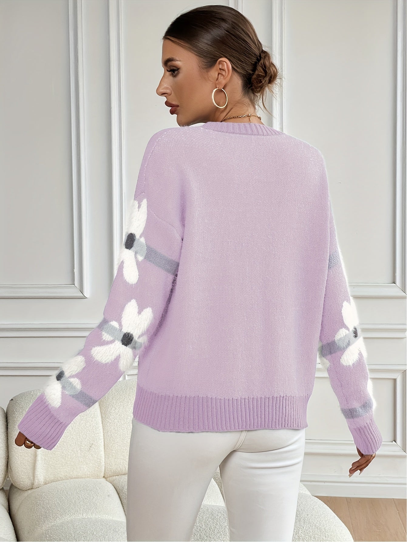 Floral Pattern Round Neck Sweater, Cute Drop Shoulder Long Sleeve Sweater For Fall & Winter, Women's Clothing