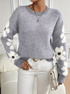 Floral Pattern Round Neck Sweater, Cute Drop Shoulder Long Sleeve Sweater For Fall & Winter, Women's Clothing