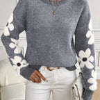 Floral Pattern Round Neck Sweater, Cute Drop Shoulder Long Sleeve Sweater For Fall & Winter, Women's Clothing