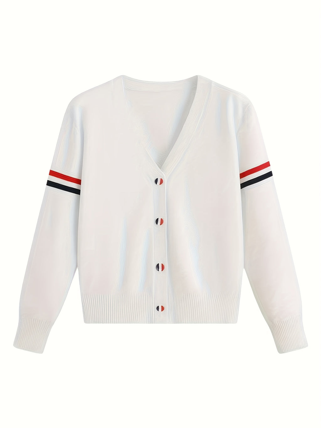 Women's Ice Silky Fiber V-Neck Cardigan - White with Red & Blue Striped Cuffs, Lightweight Long Sleeve Button-Front Spring\u002FFall Layering, Machine Washable Office to Casual Chic