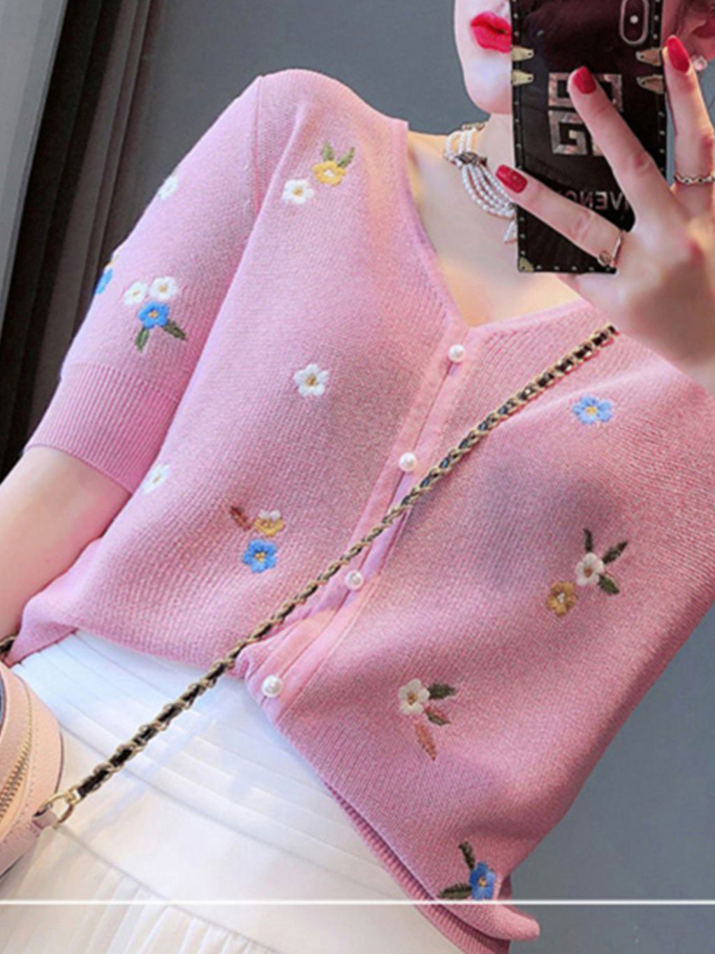 DATY Women's Lightweight V-Neck Short Sleeve Cardigan - Summer Casual Button Front Openwork Design, Soft Pink Sun-Protective Layering Top for Spring\u002FSummer, Short Sleeve Cardigan, Summer Layering Piece, Embroidered Detailing