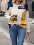 Women's Color Block Round Neck Pullover Sweater - Navy Blue & Mustard Yellow Drop Shoulder Long Sleeve Top, Machine Washable Spring\u002FFall Casual Elegant Sweater, Cute Sweaters, Spring Fall Apparel, Comfortable Knitwear