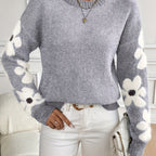 Floral Pattern Round Neck Sweater, Cute Drop Shoulder Long Sleeve Sweater For Fall & Winter, Women's Clothing