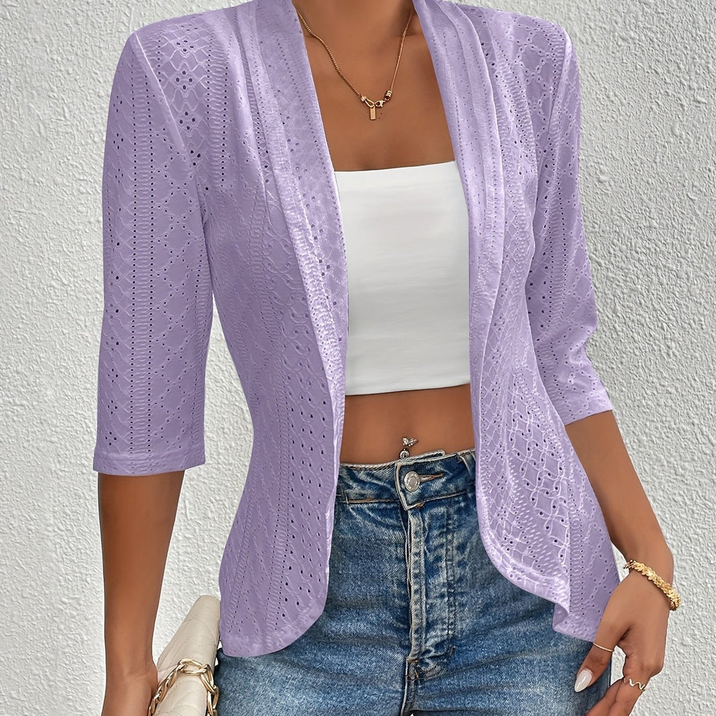 Women's Elegant Open-Front Cardigan - Solid White, Half Sleeve, Eyelet Embroidery, Lightweight Knit, Spring\u002FFall Fashion Jacket, Lightweight Cardigan